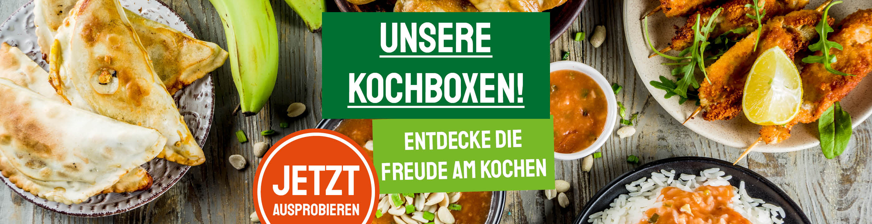 KI generiert: Das Bild zeigt eine Auswahl an Gerichten neben einer Ankündigung für Kochboxen mit dem Slogan "Entdecke die Freude am Kochen." In der Mitte befindet sich ein grüner und oranger Textblock mit einem Aufruf, die Kochboxen auszuprobieren.